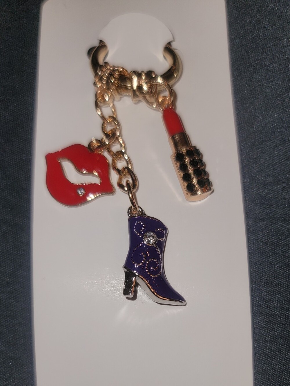 Gold-tone Charm Keychain with Red Lip, Red Lipstick & Purple Boot